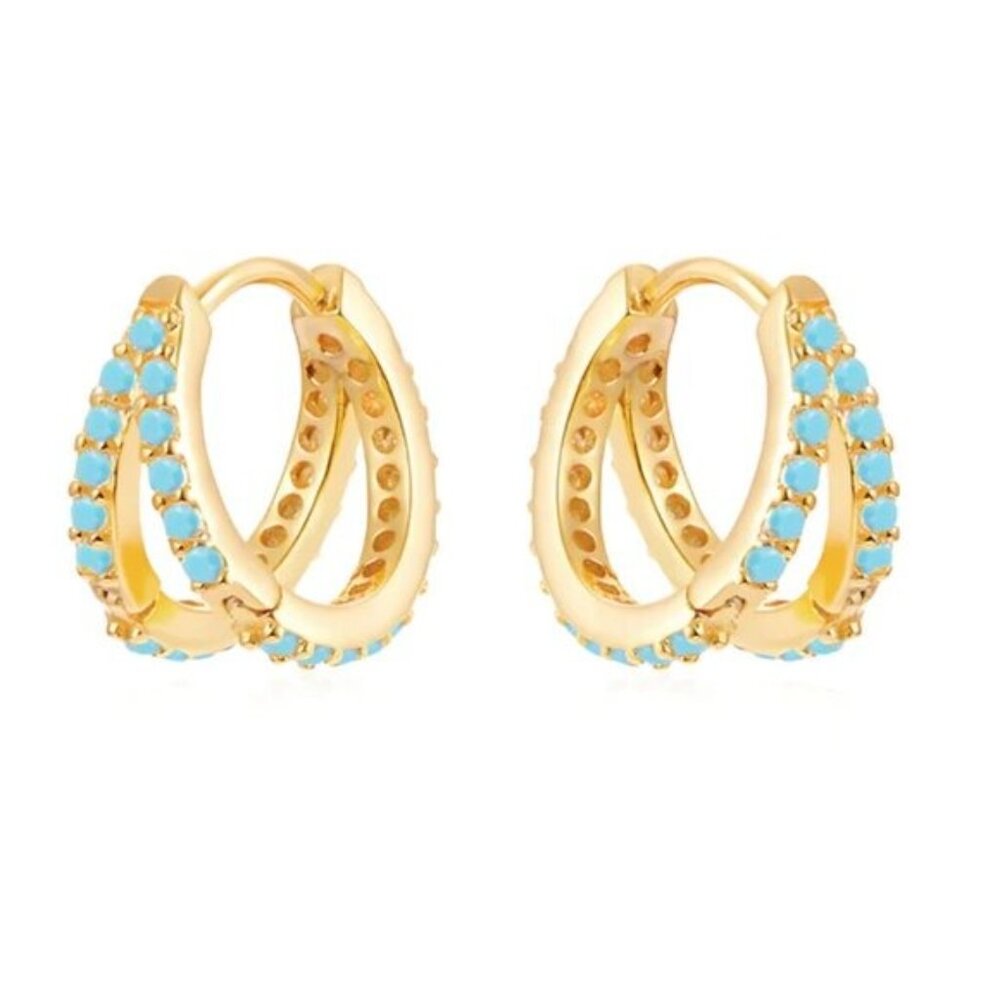 Adorable Tiny Gold Huggies Double Layered Turquoise Dainty Everyday Jewelry